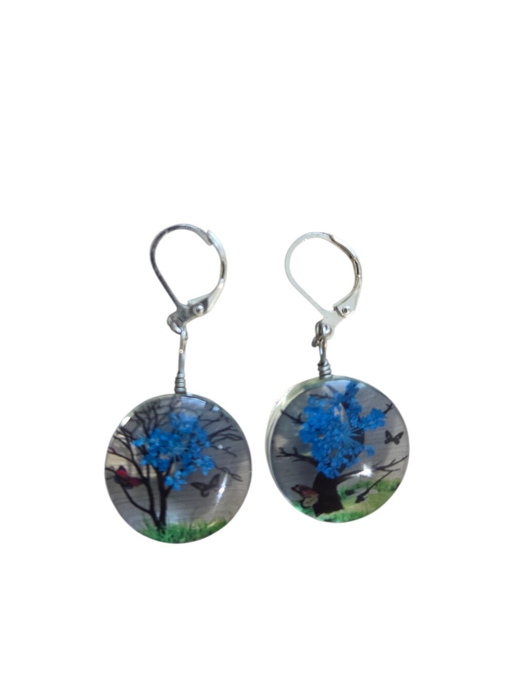 Handmade Pressed Flower Resin Teardrop Earrings Blue Botanical One Size - Picture 4 of 5
